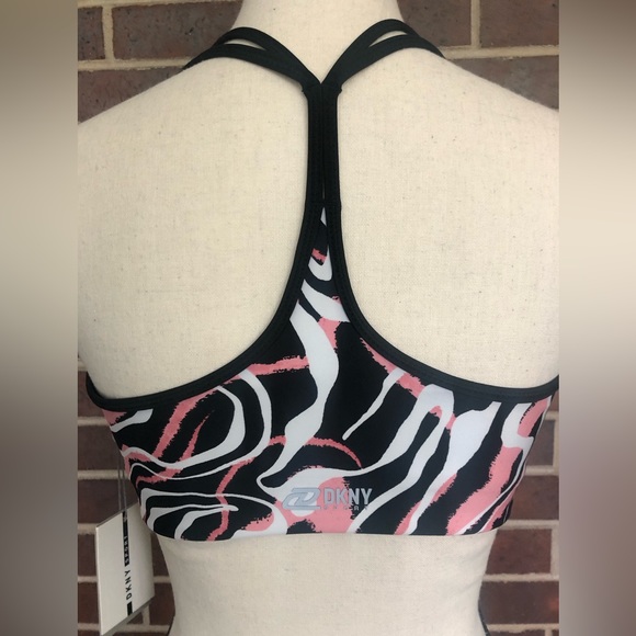 NWT DKNY Women's Printed Dizzy Strappy Sports Bra Size Medium New Pink Black - Picture 4 of 9
